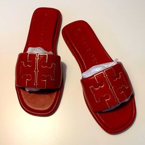 Tory Burch double T sport slide- Napa leather- Tory Red/Gold